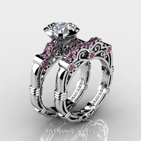 Art Masters Caravaggio 10K White Gold 1.0 Ct White and Pink Sapphire Engagement Ring Wedding Band Set R623S-10KWGPWS-1