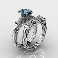 Art Masters Caravaggio 14K White Gold 1.0 Ct Aquamarine Diamond Engagement Ring Wedding Band Set R623S-14KWGDAQ-1