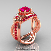 Nature Inspired 14K Rose Gold 1.0 Ct Rose Ruby Leaf and Vine Wedding Ring Set R180S-14KRGRR-1