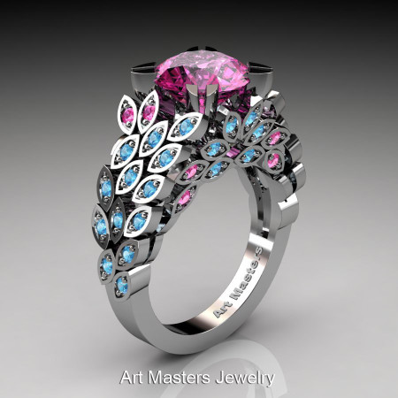 Art Masters Renoir 14K White Gold 3.0 Ct Pink Sapphire Blue Topaz Nature Inspired Engagement Ring Wedding Ring R299-14KWGBTPS-1