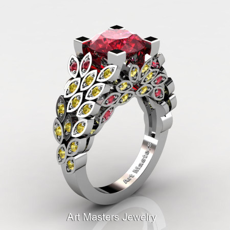 Art Masters Nature Inspired 14K White Gold 3.0 Ct Rubies Yellow Sapphire Engagement Ring Wedding Ring R299-14KWGYSR-1