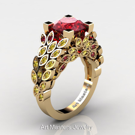 Art Masters Nature Inspired 14K Yellow Gold 3.0 Ct Rubies Yellow Sapphire Engagement Ring Wedding Ring R299-14KYGYSR-1