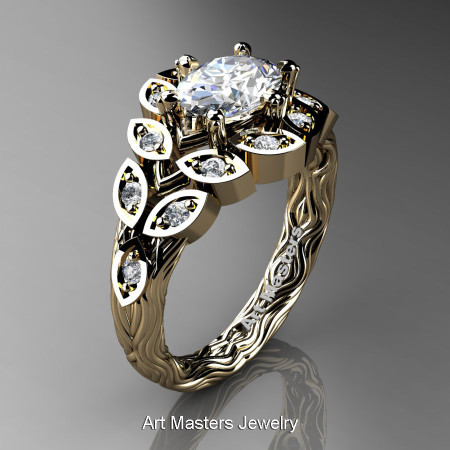 Art Masters Nature Inspired 14K Yellow Gold 1.0 Ct Oval White Sapphire Diamond Leaf and Vine Solitaire Ring R267-14KYGDWS-1