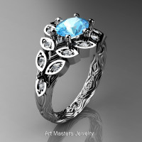 Art Masters Nature Inspired 14K White Gold 1.0 Ct Oval Blue Topaz Diamond Leaf and Vine Solitaire Ring R267-14KWGDBT-1