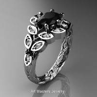 Art Masters Nature Inspired 14K White Gold 1.0 Ct Oval Black White Diamond Leaf and Vine Solitaire Ring R267-14KWGDBD-1