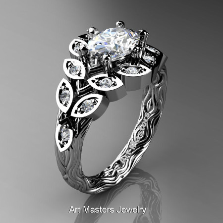 Art Masters Nature Inspired 14K White Gold 1.0 Ct Oval White Sapphire Diamond Leaf and Vine Solitaire Ring R267-14KWGDWS-1