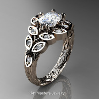 Art Masters Nature Inspired 14K Rose Gold 1.0 Ct Oval White Sapphire Diamond Leaf and Vine Solitaire Ring R267-14KRGDWS-1