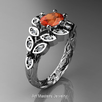 Art Masters Nature Inspired 14K White Gold 1.0 Ct Oval Orange Sapphire Diamond Leaf and Vine Solitaire Ring R267-14KWGDOS-1