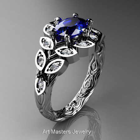 Art Masters Nature Inspired 14K White Gold 1.0 Ct Oval Royal Blue Sapphire Diamond Leaf and Vine Solitaire Ring R267-14KWGDBS-1