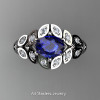 Art Masters Nature Inspired 14K White Gold 1.0 Ct Oval Royal Blue Sapphire Diamond Leaf and Vine Solitaire Ring R267-14KWGDBS-2