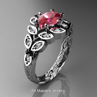 Art Masters Nature Inspired 14K White Gold 1.0 Ct Oval Ruby Diamond Leaf and Vine Solitaire Ring R267-14KWGDR-1