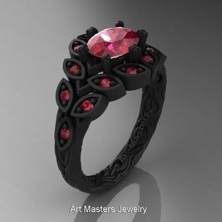 Art Masters Nature Inspired 14K Black Gold 1.0 Ct Oval Rubies Leaf and Vine Solitaire Ring R267-14KBGR-1