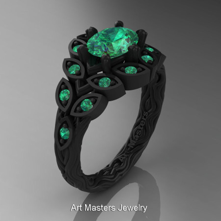 Art Masters Nature Inspired 14K Black Gold 1.0 Ct Oval Emerald Leaf and Vine Solitaire Ring R267-14KBGEM-1