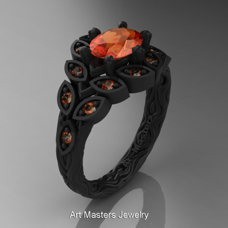 Art Masters Nature Inspired 14K Black Gold 1.0 Ct Oval Orange Sapphire Leaf and Vine Solitaire Ring R267-14KBGOS-1