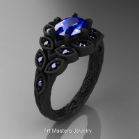 Art Masters Nature Inspired 14K Black Gold 1.0 Ct Oval Royal Blue Sapphire Leaf and Vine Solitaire Ring R267-14KBGBS-1