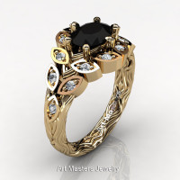 Art Masters Nature Inspired 14K Yellow Gold 1.0 Ct Oval Black White Diamond Leaf and Vine Solitaire Ring R267-14KYGDBD-1