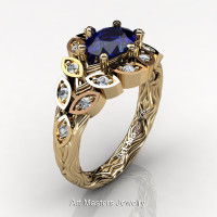 Art Masters Nature Inspired 14K Yellow Gold 1.0 Ct Oval Royal Blue Sapphire Diamond Leaf and Vine Solitaire Ring R267-14KYGDBS-1
