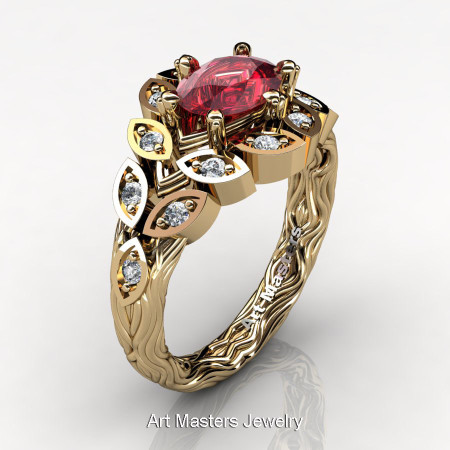 Art Masters Nature Inspired 14K Yellow Gold 1.0 Ct Oval Ruby Diamond Leaf and Vine Solitaire Ring R267-14KYGDR-1
