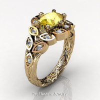 Art Masters Nature Inspired 14K Yellow Gold 1.0 Ct Oval Yellow Sapphire Diamond Leaf and Vine Solitaire Ring R267-14KYGDYS-1