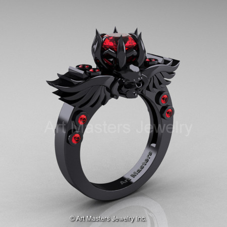 Art Masters Classic Winged Skull 14K Black Gold 1.0 Ct Rubies Solitaire Engagement Ring R613-14KBGR-1