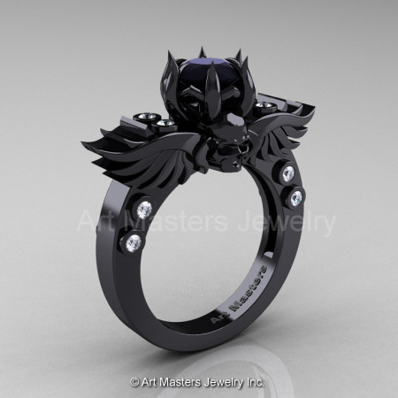 Art Masters Classic Winged Skull 14K Black Gold 2.0 Ct Black Onyx Diamond Solitaire Engagement Ring R613-14KBGDYX-1