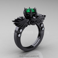 Art Masters Classic Winged Skull 14K Black Gold 1.0 Ct Emerald Diamond Solitaire Engagement Ring R613-14KBGDEM-1