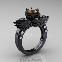 Art Masters Classic Winged Skull 14K Black Gold 1.0 Ct Peach Sapphire Diamond Solitaire Engagement Ring R613-14KBGDPES-1
