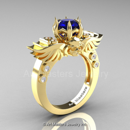 Art Masters Classic Winged Skull 14K Yellow Gold 1.0 Ct Royal Blue Sapphire Diamond Solitaire Engagement Ring R613-14KYGDRBS-1