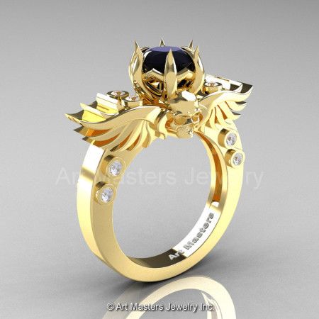 Art Masters Classic Winged Skull 14K Yellow Gold 1.0 Ct Black White Diamond Solitaire Engagement Ring R613-14KYGDBD-1