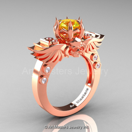 Art Masters Classic Winged Skull 14K Rose Gold 1.0 Ct Yellow Sapphire Diamond Solitaire Engagement Ring R613-14KRGDYS-1