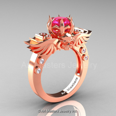 Art Masters Classic Winged Skull 14K Rose Gold 1.0 Ct Pink Sapphire Diamond Solitaire Engagement Ring R613-14KRGDPS-1