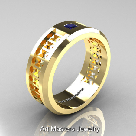 Art Masters Mens Modern 10K Yellow Gold Princess Blue Sapphire Wedding Band R384BM-10KYGBS-1