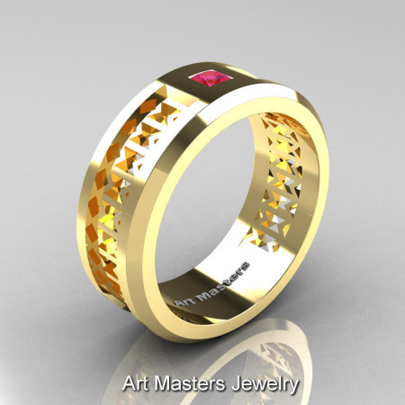 Art Masters Mens Modern 10K Yellow Gold Princess Pink Sapphire Wedding Band R384BM-10KYGPS-1