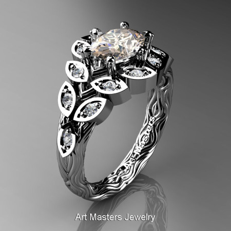 Art Masters Nature Inspired 14K White Gold 1.0 Ct Oval Morganite Diamond Leaf and Vine Solitaire Ring R267-14KWGDMO-1
