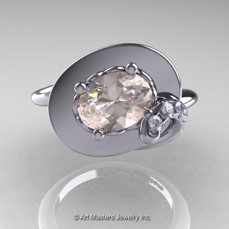 Art Nouveau 14K White Gold 1.0 Ct Oval Morganite Diamond Nature Inspired Engagement Ring R296-14KWGDMO-1