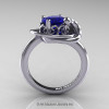 Art Nouveau 14K White Gold Oval 1.0 Ct Royal Blue Sapphire Diamond Nature Inspired Engagement Ring R296-14KWGDBS-2