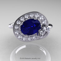 Art Nouveau 14K White Gold Oval 1.0 Ct Royal Blue Sapphire Diamond Nature Inspired Engagement Ring R296A-14KWGDBS-1