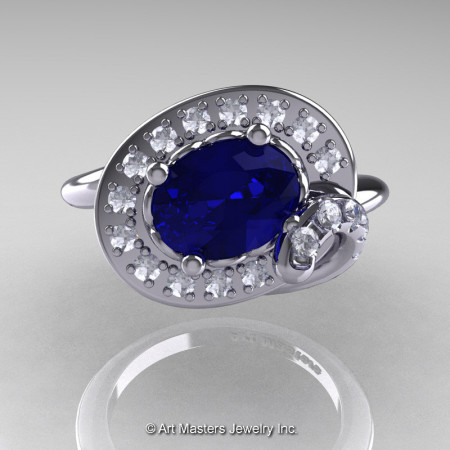 Art Nouveau 14K White Gold Oval 1.0 Ct Royal Blue Sapphire Diamond Nature Inspired Engagement Ring R296A-14KWGDBS-1
