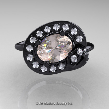 Art Nouveau 14K Black Gold 1.0 Ct Oval Morganite Diamond Nature Inspired Engagement Ring R296A-14KBGDMO-1