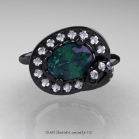 Art Nouveau 14K Black Gold 1.0 Ct Oval Alexandrite Diamond Nature Inspired Engagement Ring R296A-14KBGDAL-1