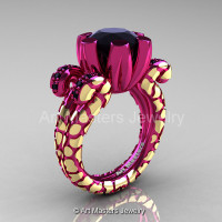 Art Masters Nature Fantasy 14K Fuchsia Pink Yellow Gold 3.0 Ct Black Diamond Solitaire Ring R297-14KFPYGBD-1