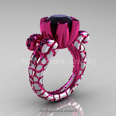 Art Masters Nature Fantasy 14K Fuchsia Pink White Gold 3.0 Ct Black Diamond Solitaire Ring R297-14KFPWGBD-1