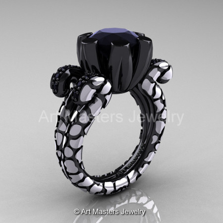 Art Masters Nature Fantasy 14K Black White Gold 3.0 Ct Black Diamond Solitaire Ring R297-14KBWGBD-1