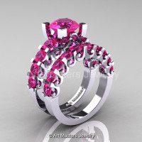Modern Vintage 14K White Gold 3.0 Ct Pink Sapphire Designer Wedding Ring Bridal Set R142S-14KWGPS-1