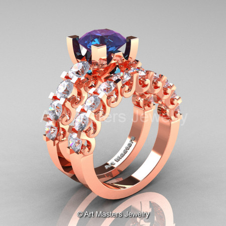 Modern Vintage 14K Rose Gold 3.0 Ct Alexandrite White Sapphire Designer Wedding Ring Bridal Set R142S-14KRGWSAL-1