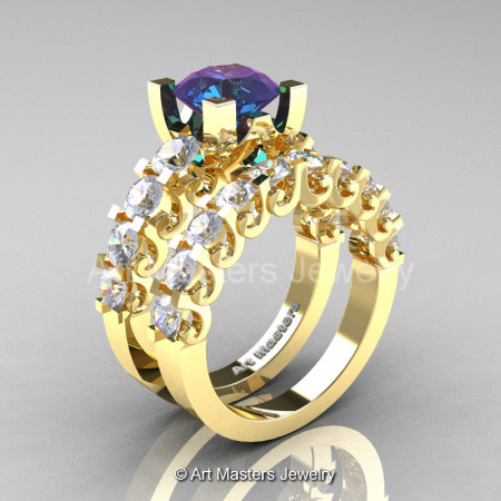 Modern Vintage 14K Yellow Gold 3.0 Ct Alexandrite White Sapphire Designer Wedding Ring Bridal Set R142S-14KYGWSAL-1