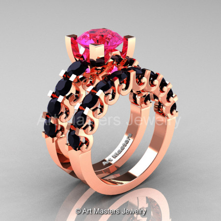 Modern Vintage 14K Rose Gold 3.0 Ct Pink Sapphire Black Diamond Designer Wedding Ring Bridal Set R142S-14KRGBDPS-1