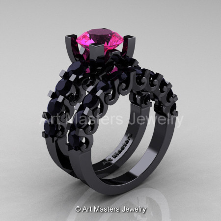Modern Vintage 14K Black Gold 3.0 Ct Pink Sapphire Black Diamond Designer Wedding Ring Bridal Set R142S-14KBGBDPS-1