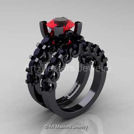 Modern Vintage 14K Black Gold 3.0 Ct Ruby Black Diamond Designer Wedding Ring Bridal Set R142S-14KBGBDR-1