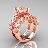 Modern Vintage 14K Rose Gold 3.0 Ct Morganite White Sapphire Designer Wedding Ring Bridal Set R142S-14KRGWSMO-1